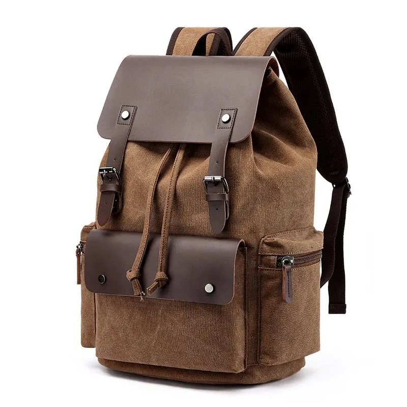 Realaiot Fashion Canvas Backpack Bag Men Large Capacity Suit 17 Inch Laptop Drawstring Leather Cover Travel Rucksack Student Bookbag