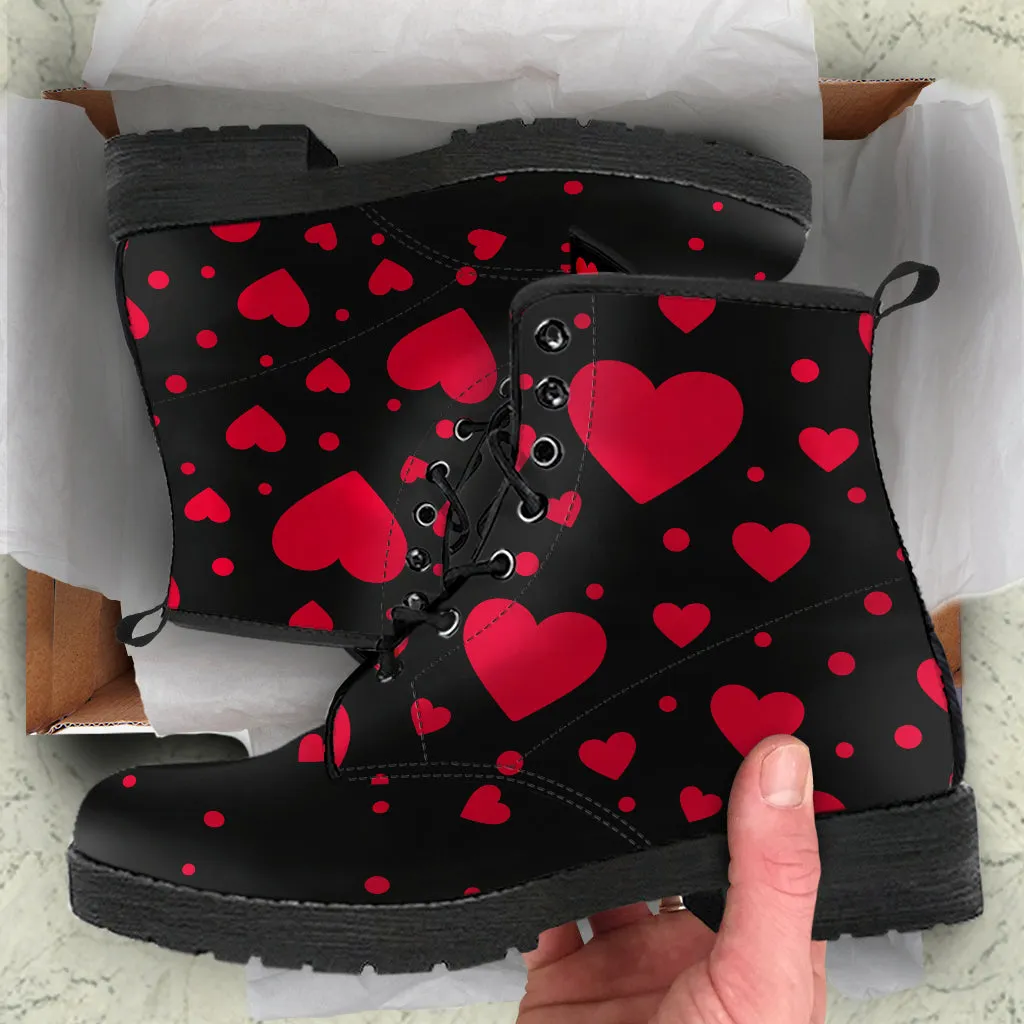 Red Falling Hearts Lace-Up Ankle Boots
