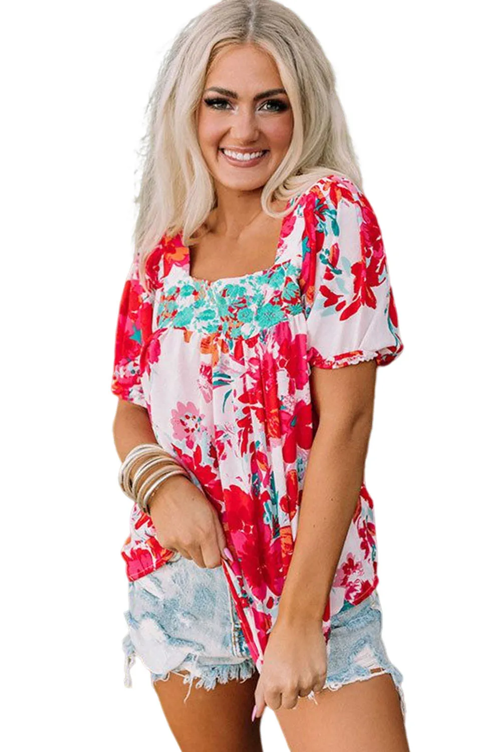 Red Floral Printed Embroidered Square Neck Blouse