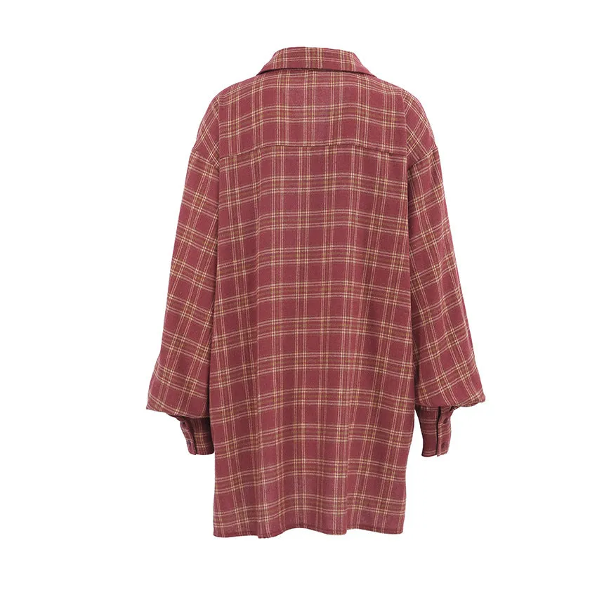 Red Plaid Long Sleeves Oversized Blouses