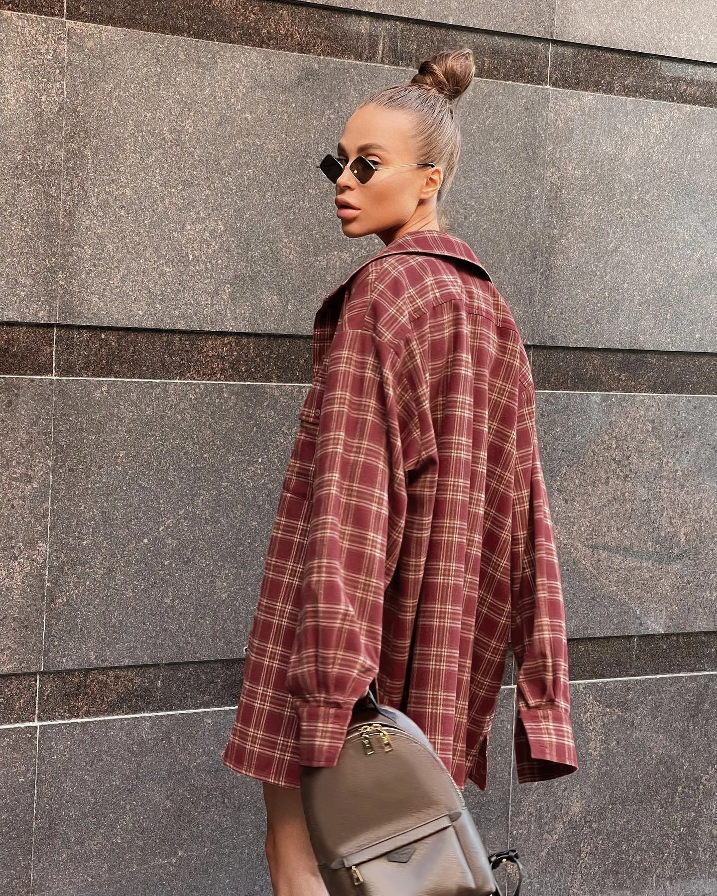 Red Plaid Long Sleeves Oversized Blouses