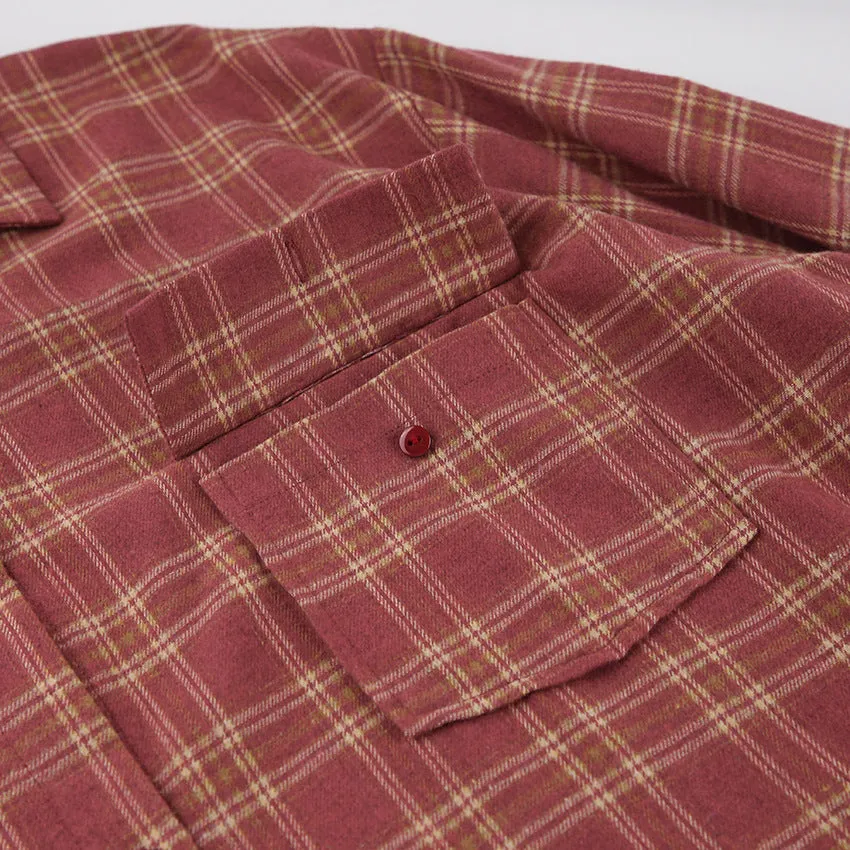 Red Plaid Long Sleeves Oversized Blouses