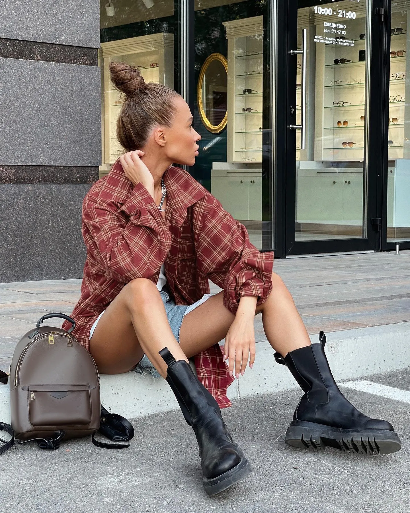 Red Plaid Long Sleeves Oversized Blouses