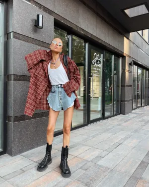 Red Plaid Long Sleeves Oversized Blouses
