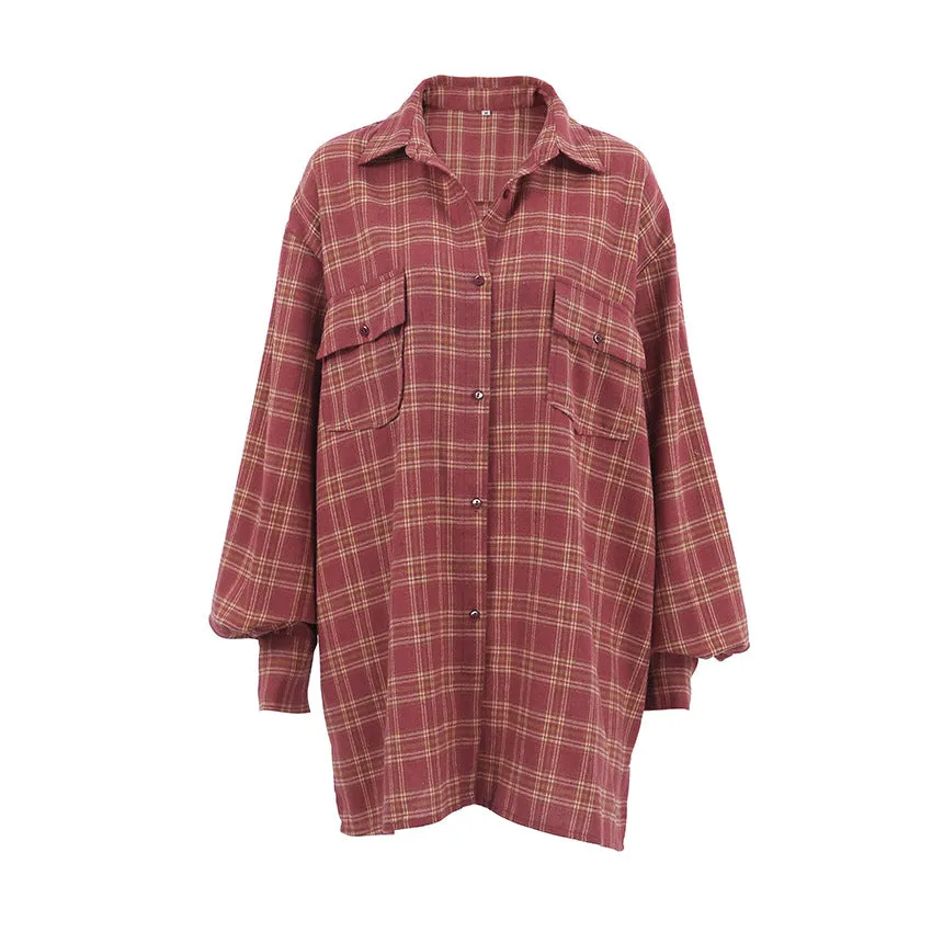 Red Plaid Long Sleeves Oversized Blouses