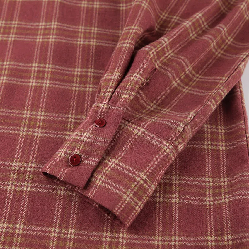 Red Plaid Long Sleeves Oversized Blouses