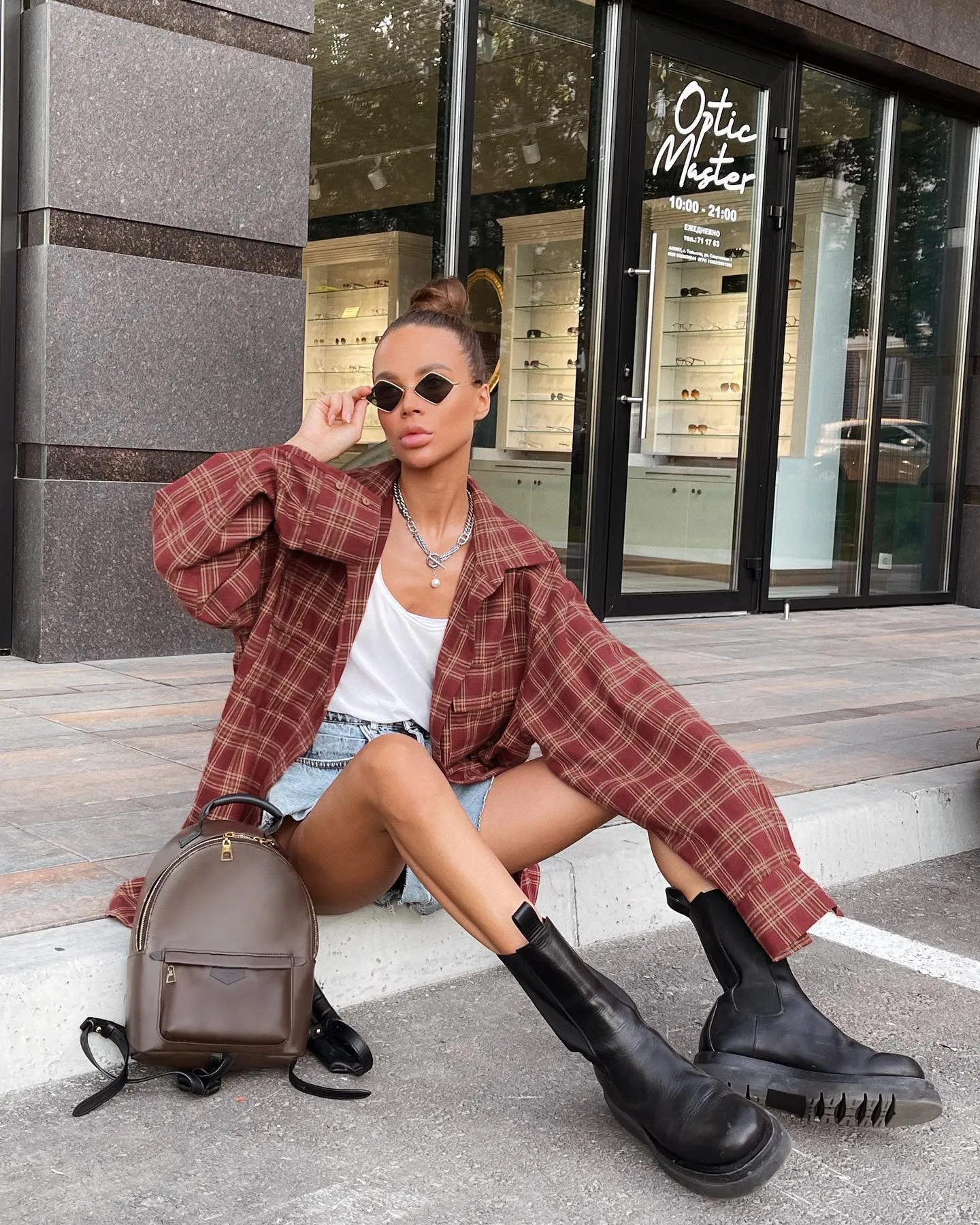 Red Plaid Long Sleeves Oversized Blouses