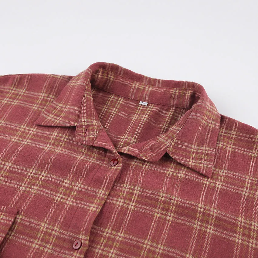 Red Plaid Long Sleeves Oversized Blouses
