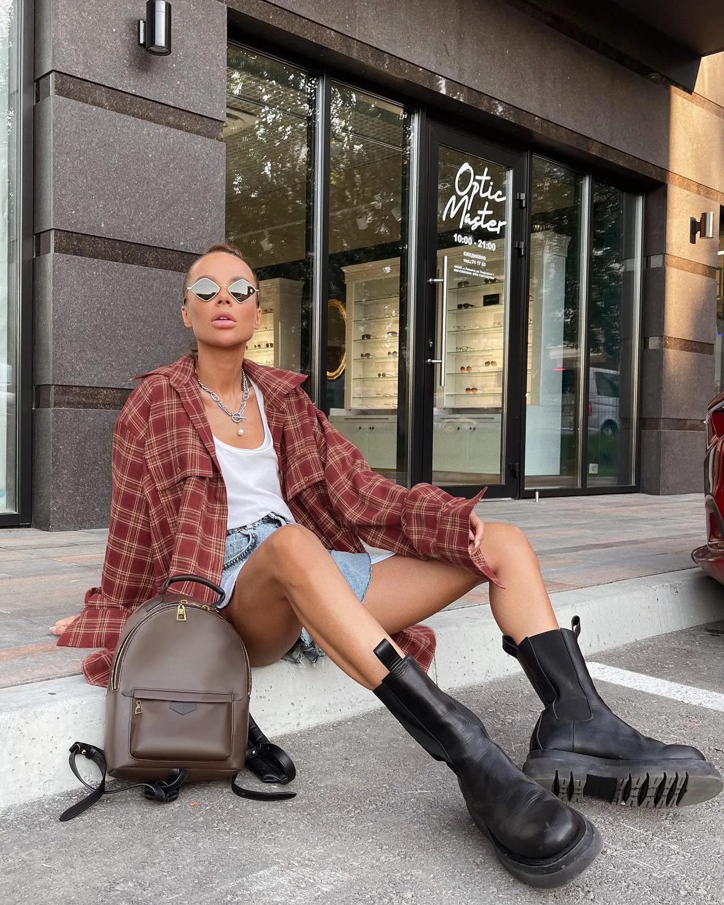 Red Plaid Long Sleeves Oversized Blouses