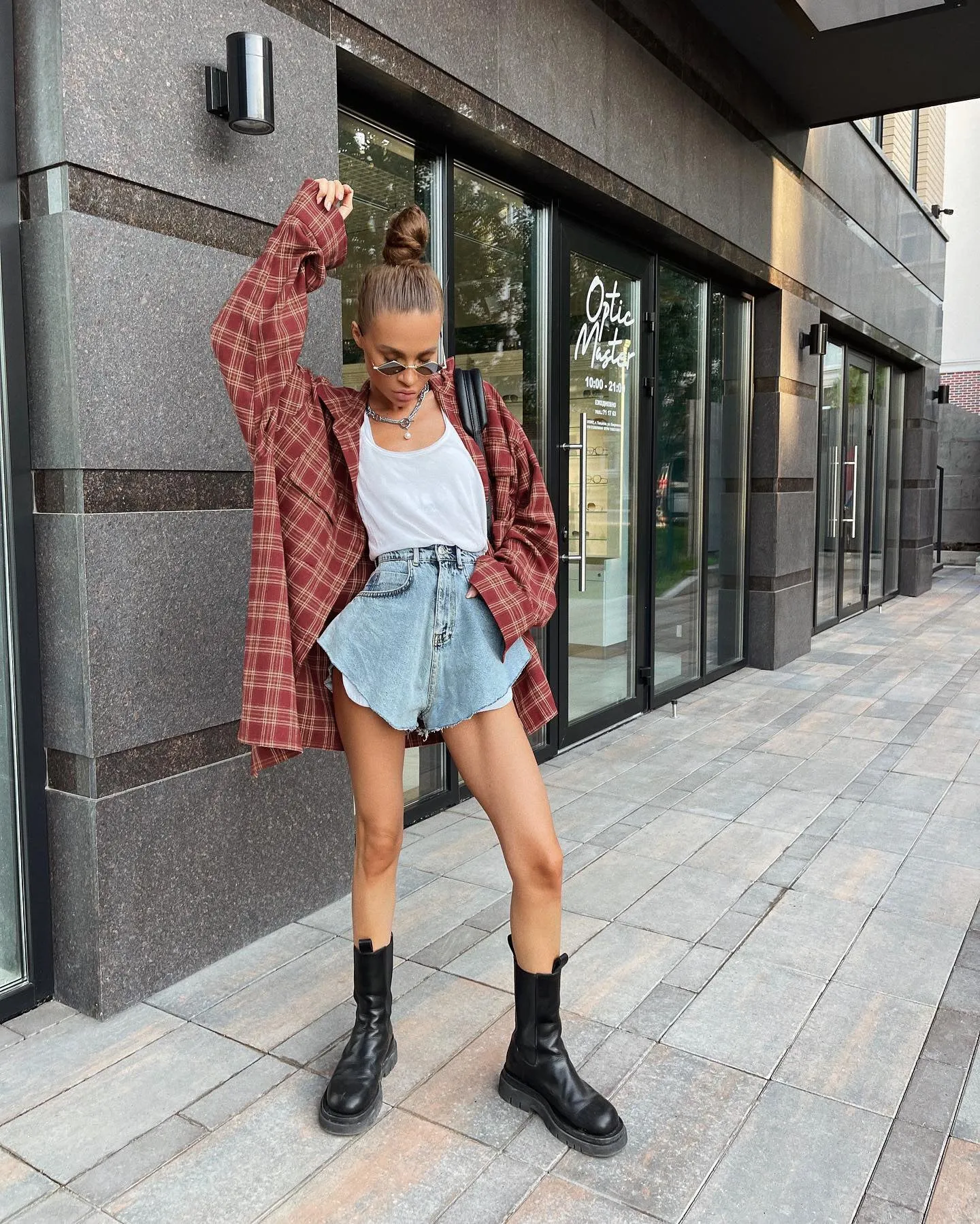 Red Plaid Long Sleeves Oversized Blouses