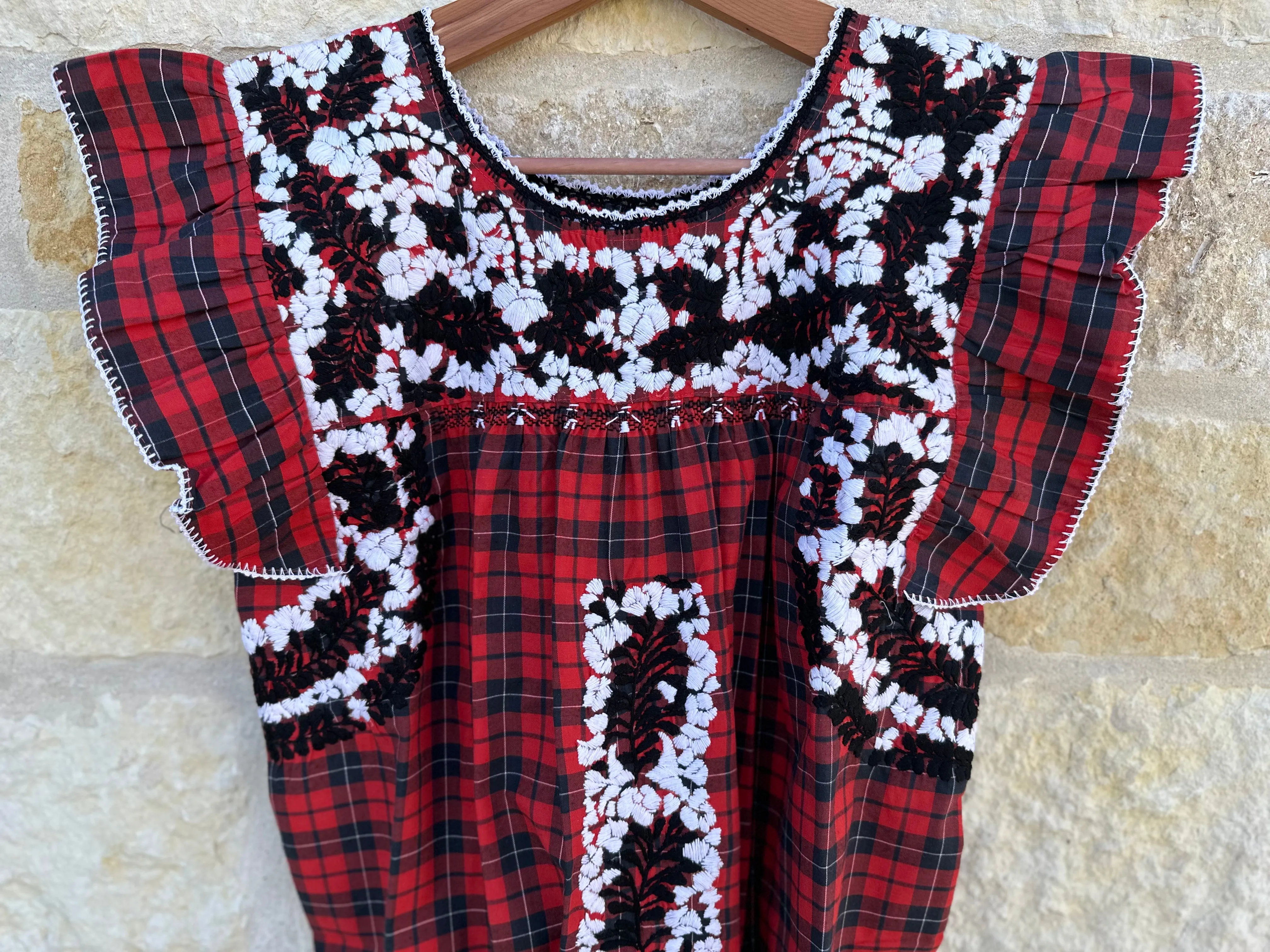 Red Plaid with B/W Embroidery Flutter Sleeve Felicia Blouse - M/L