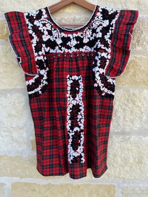 Red Plaid with B/W Embroidery Flutter Sleeve Felicia Blouse - M/L