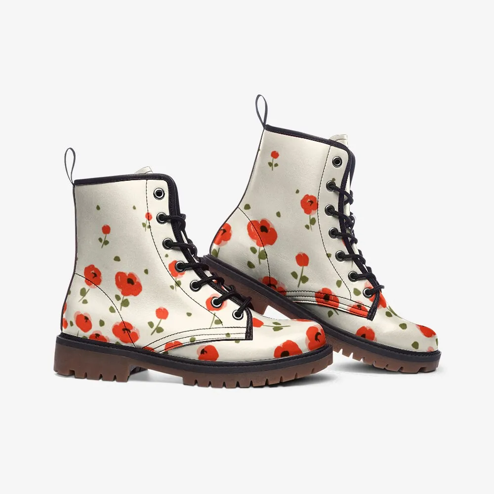Red Poppy Floral Vegan Leather Unisex Boots