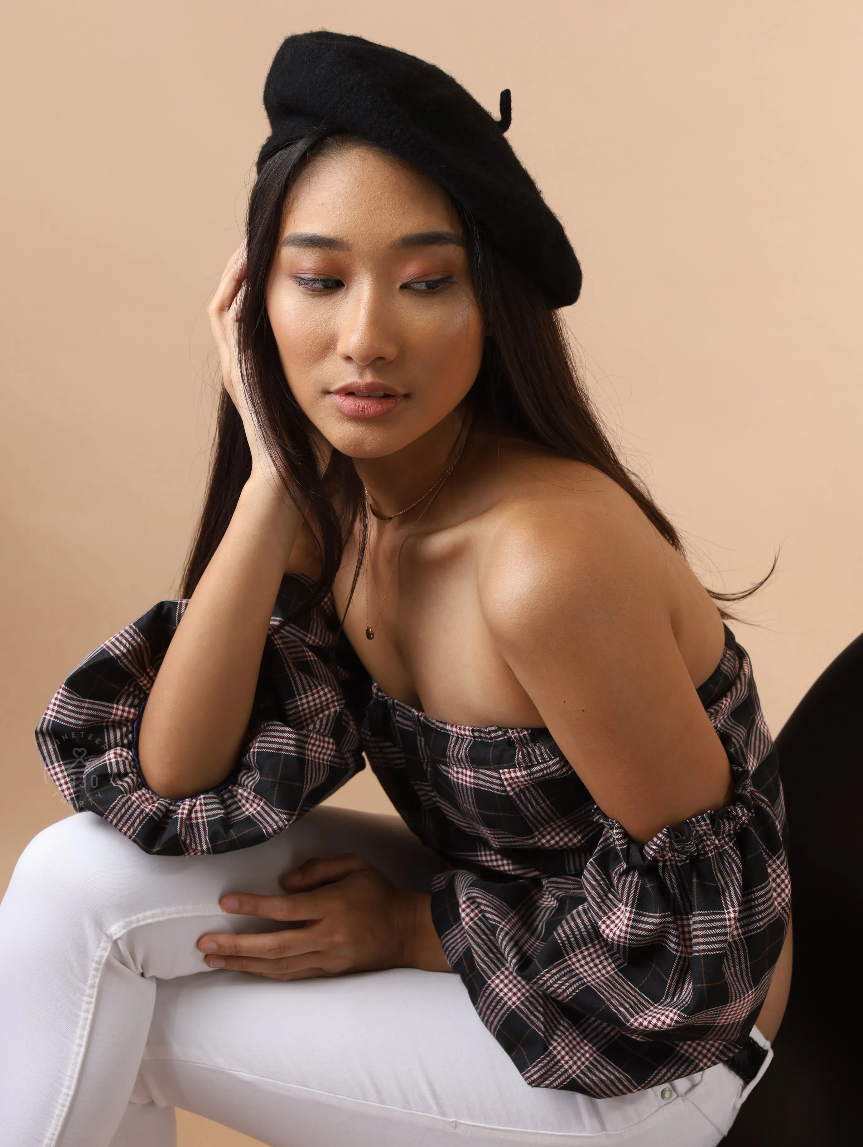 REESE Plaid Off-Shoulder Crop Top (Black)