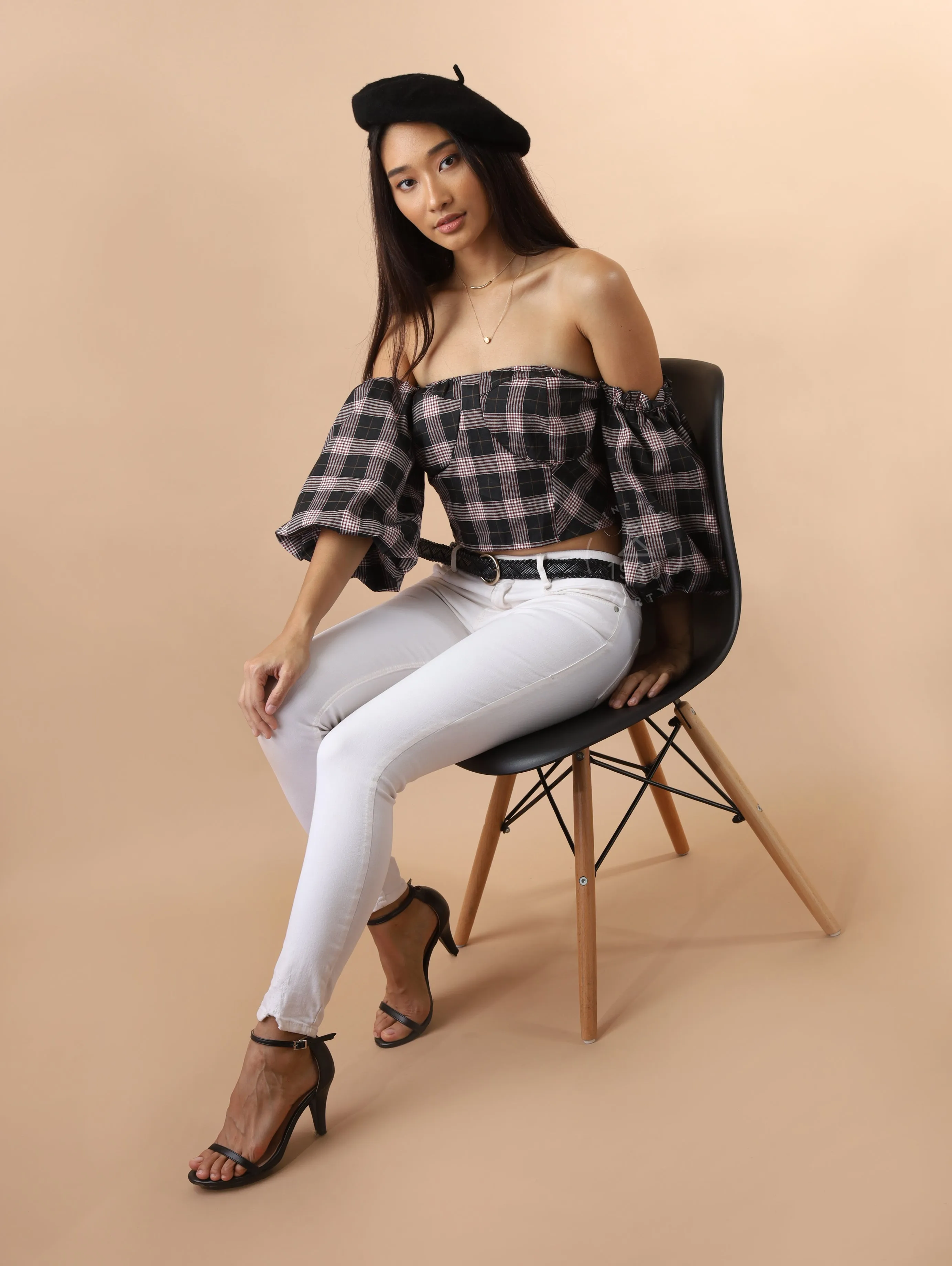 REESE Plaid Off-Shoulder Crop Top (Black)