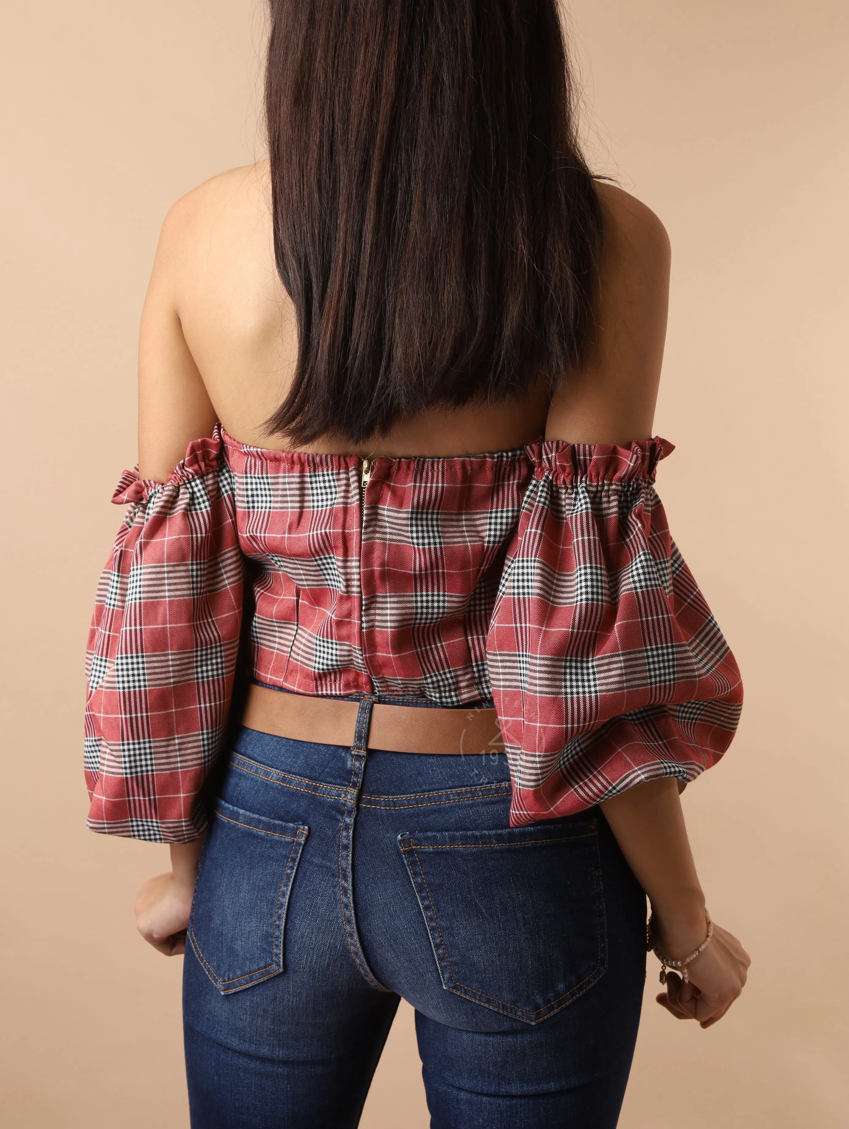 REESE Plaid Off-Shoulder Crop Top (Rust Red)