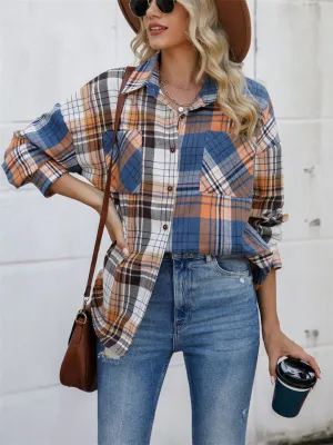 Relaxed Multicolor Plaid Chest Pocket Lapel Blouses for Women
