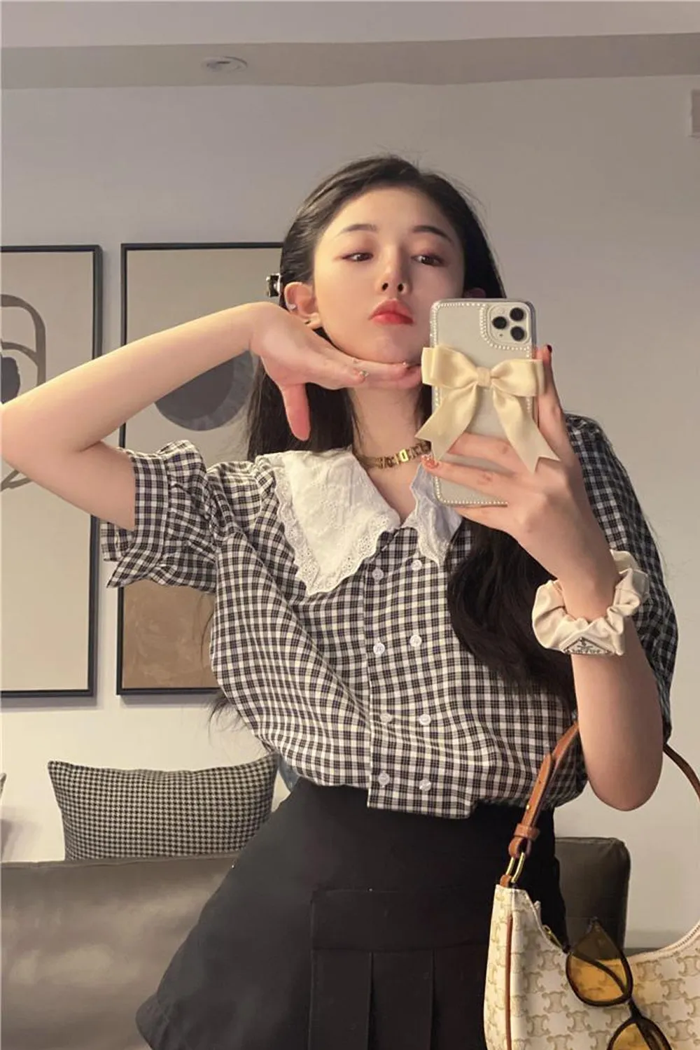 Retro Doll Collar Short Sleeve Plaid Shirt