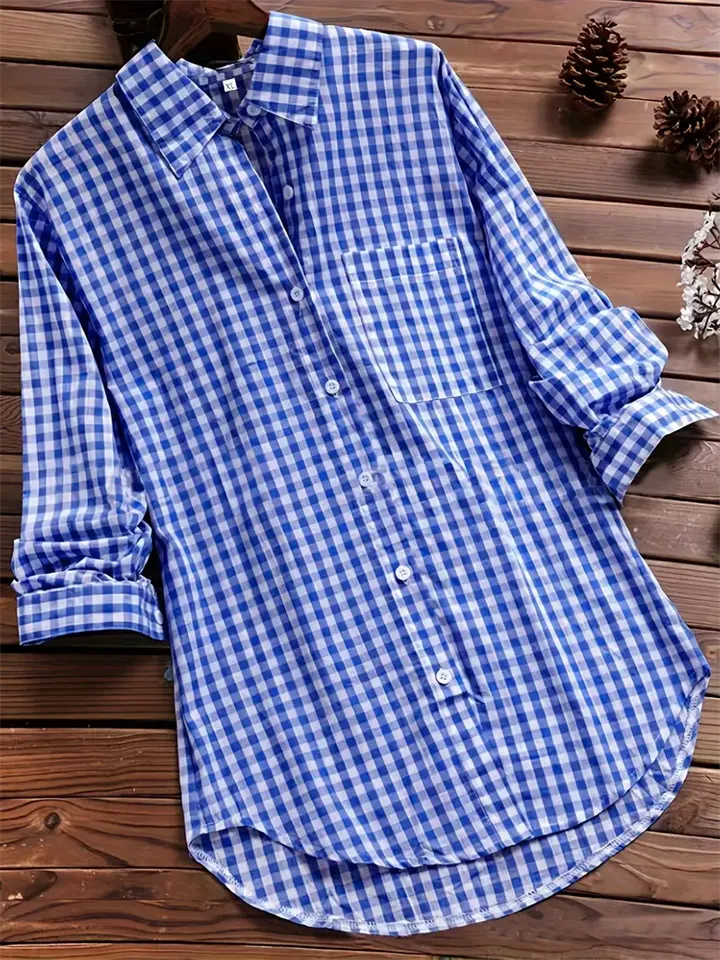 Retro Plaid Lapel Button Long Sleeve Mid-Length Shirt for Women
