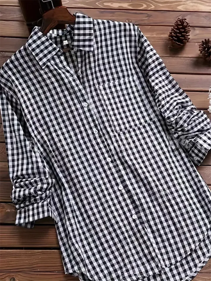 Retro Plaid Lapel Button Long Sleeve Mid-Length Shirt for Women
