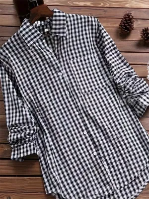 Retro Plaid Lapel Button Long Sleeve Mid-Length Shirt for Women