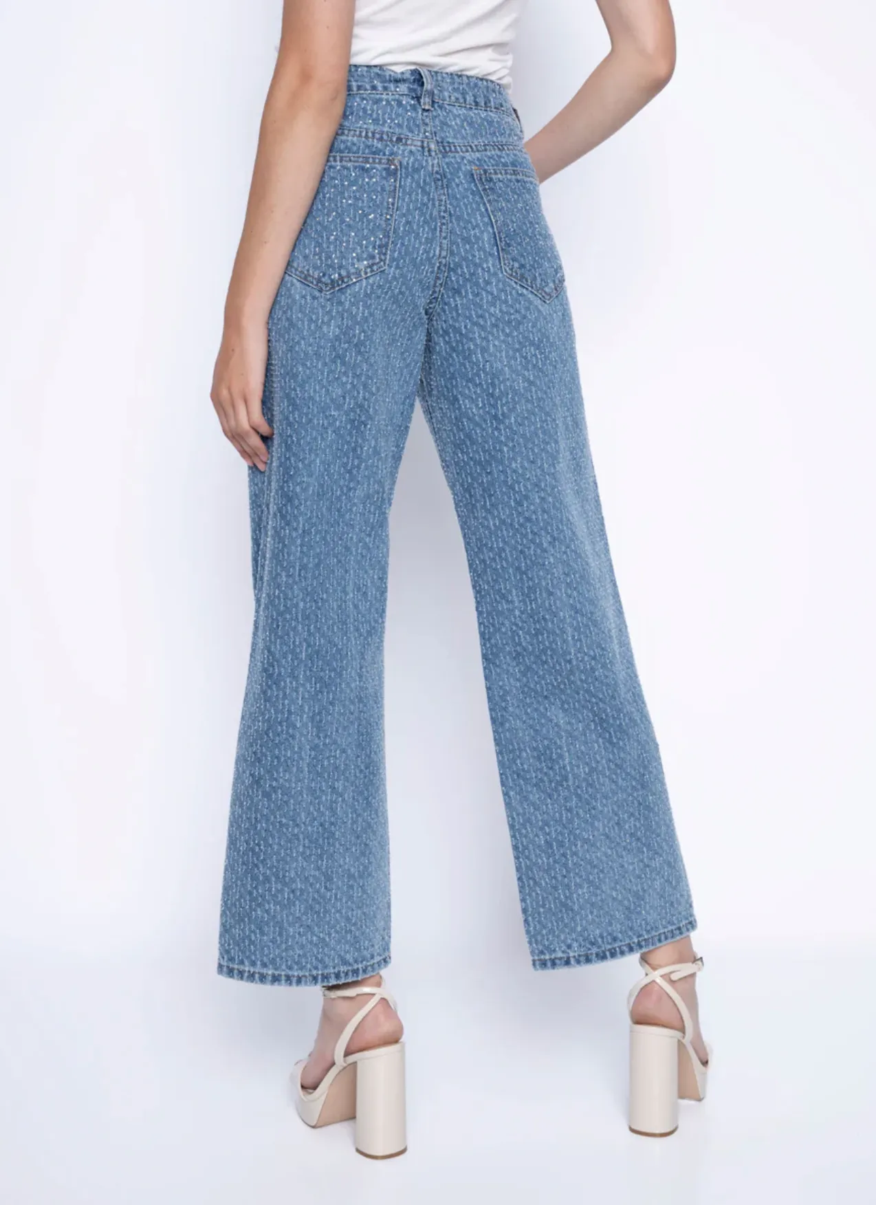 Rhinestone Wide-Leg Jeans- Light Denim