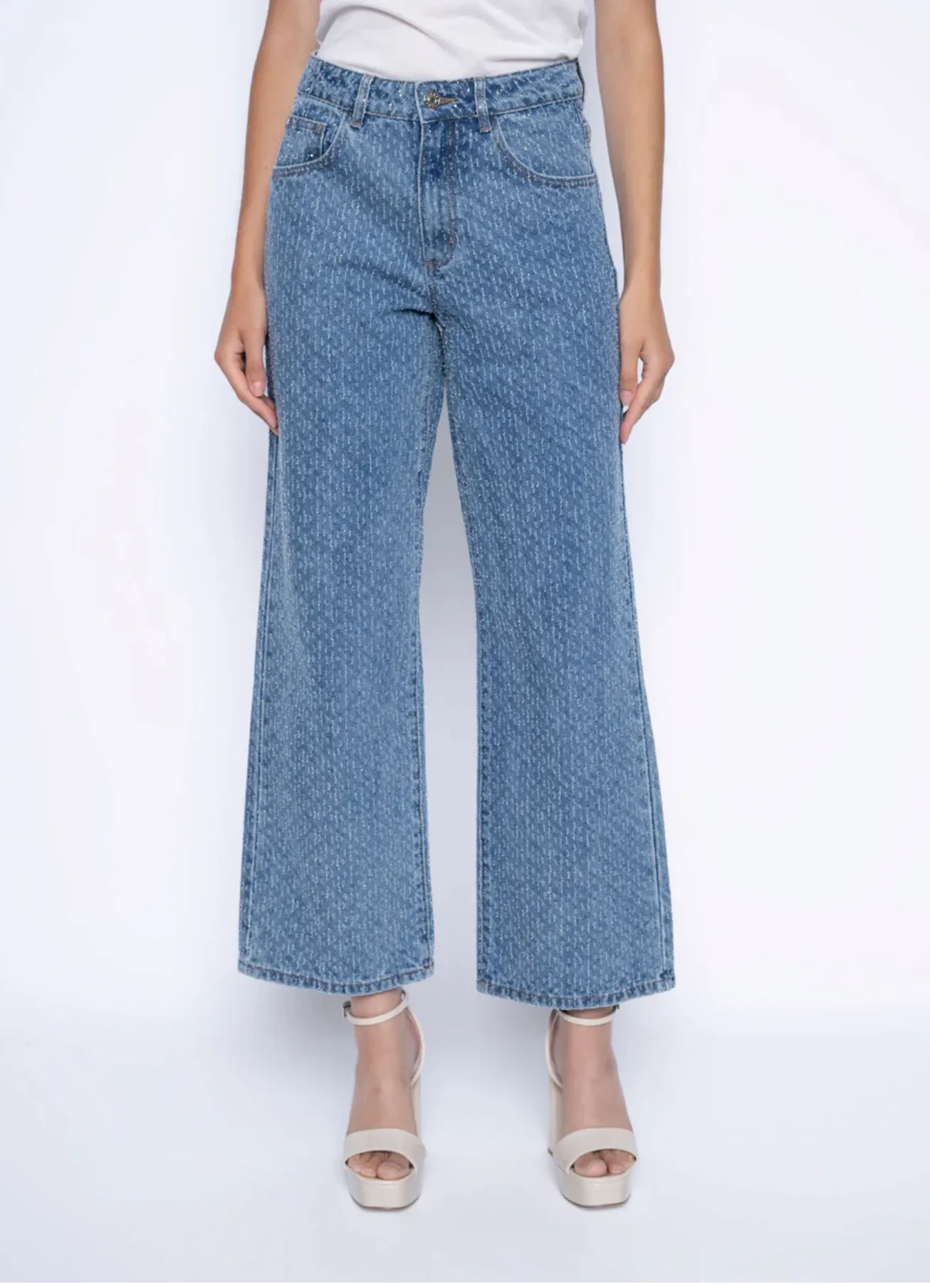 Rhinestone Wide-Leg Jeans- Light Denim