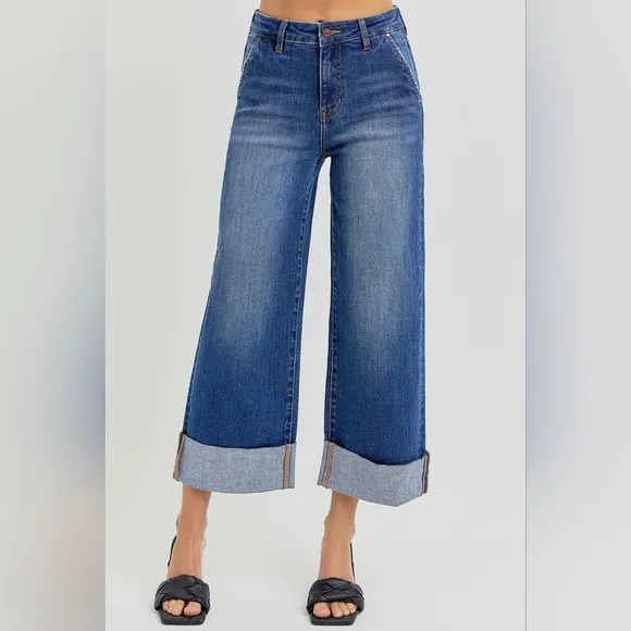Risen Plus Size Cuffed Crop Wide Leg High Waist Denim Jeans