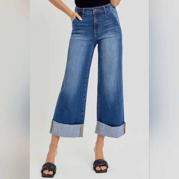 Risen Plus Size Cuffed Crop Wide Leg High Waist Denim Jeans