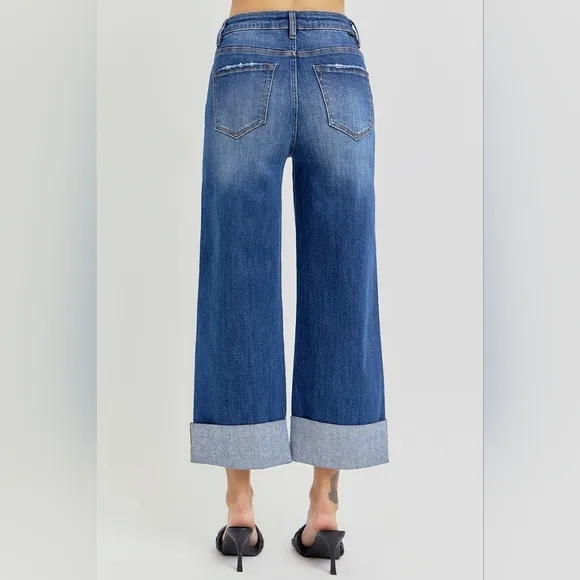 Risen Plus Size Cuffed Crop Wide Leg High Waist Denim Jeans