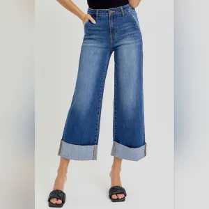 Risen Plus Size Cuffed Crop Wide Leg High Waist Denim Jeans