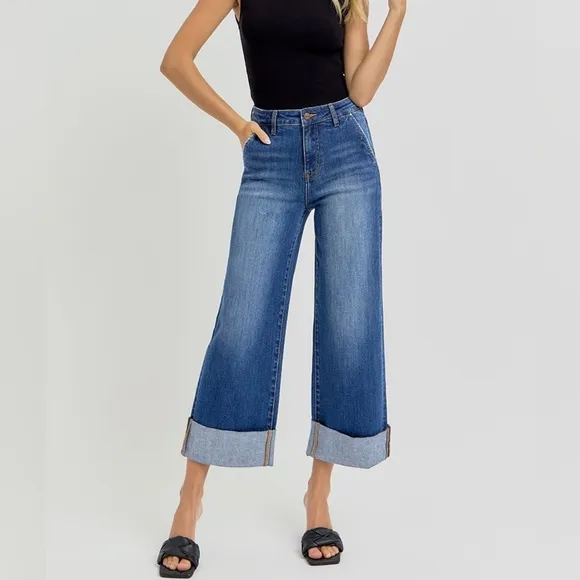 Risen Plus Size Cuffed Crop Wide Leg High Waist Denim Jeans