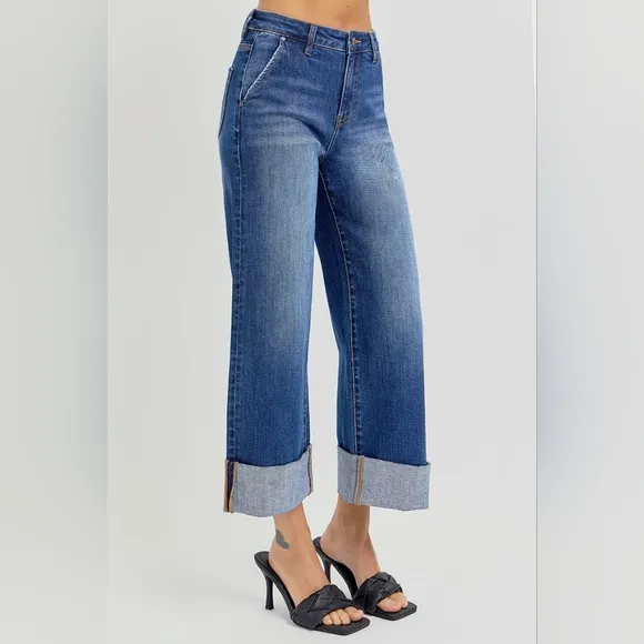 Risen Plus Size Cuffed Crop Wide Leg High Waist Denim Jeans