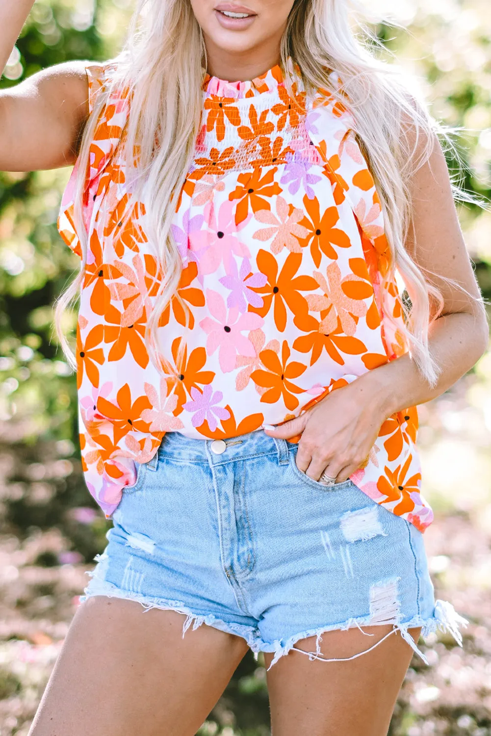 Ruffled Sleeve Smocked Floral Top