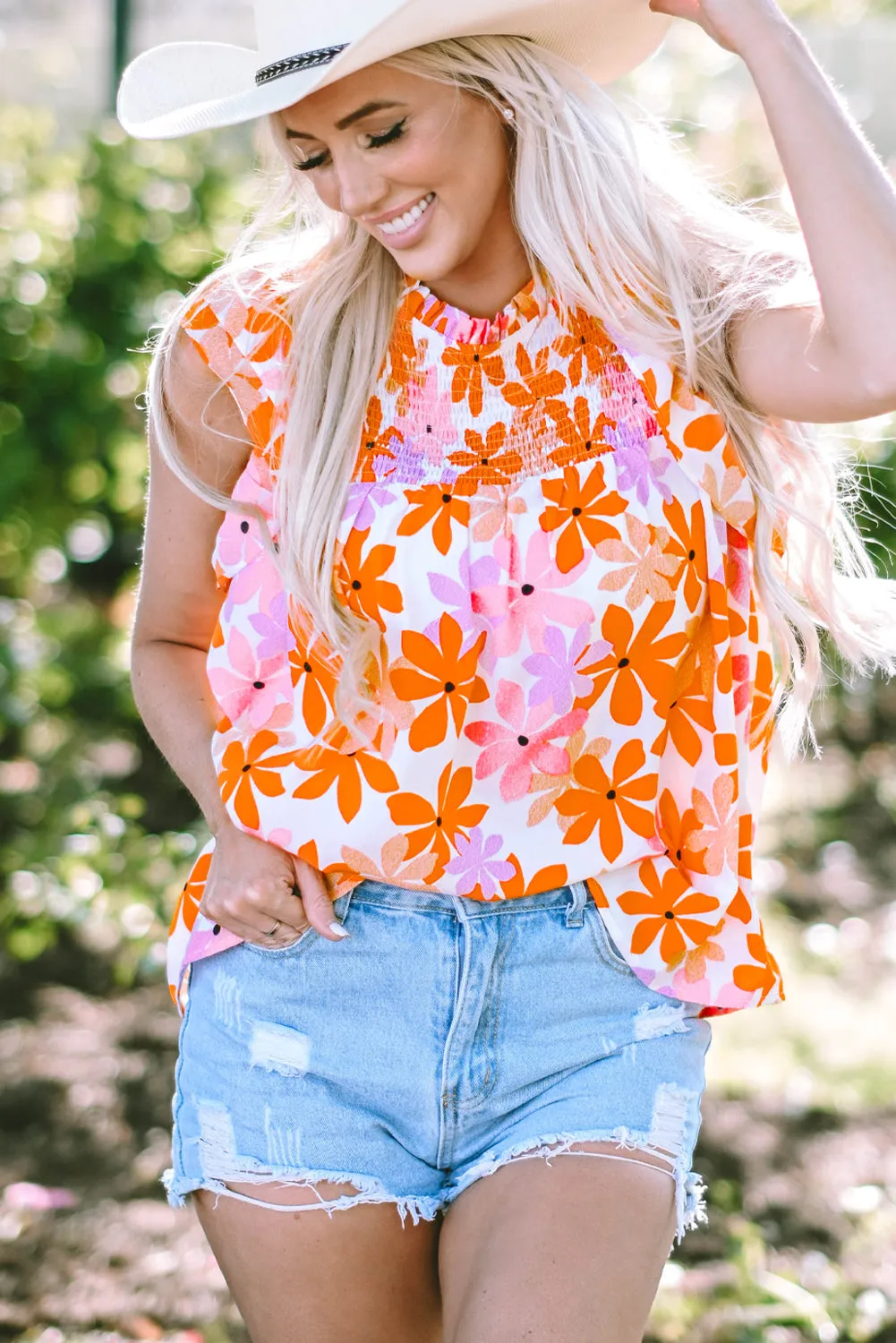 Ruffled Sleeve Smocked Floral Top