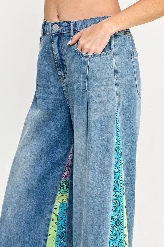 SAGE   FIG Raw Hem Paisley Print Side Wide Leg Jeans