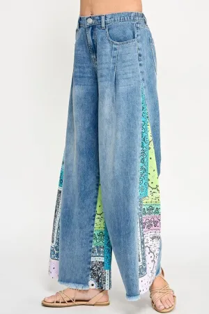 SAGE   FIG Raw Hem Paisley Print Side Wide Leg Jeans