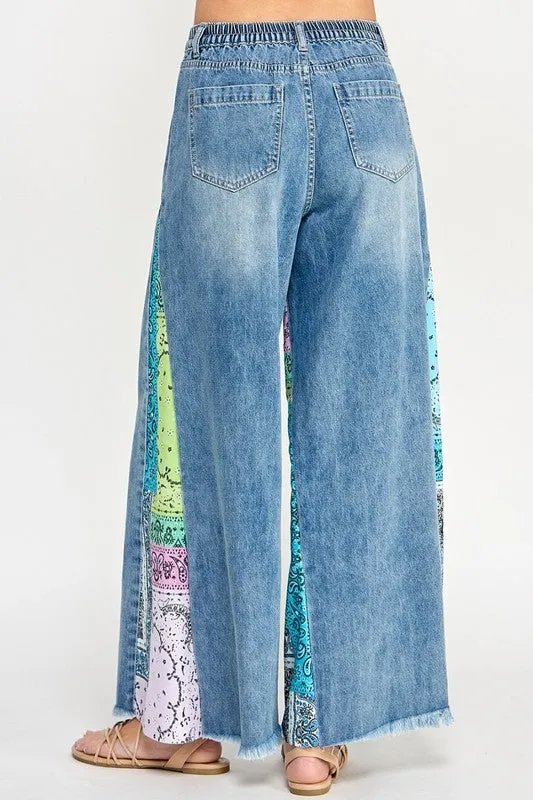 SAGE   FIG Raw Hem Paisley Print Side Wide Leg Jeans