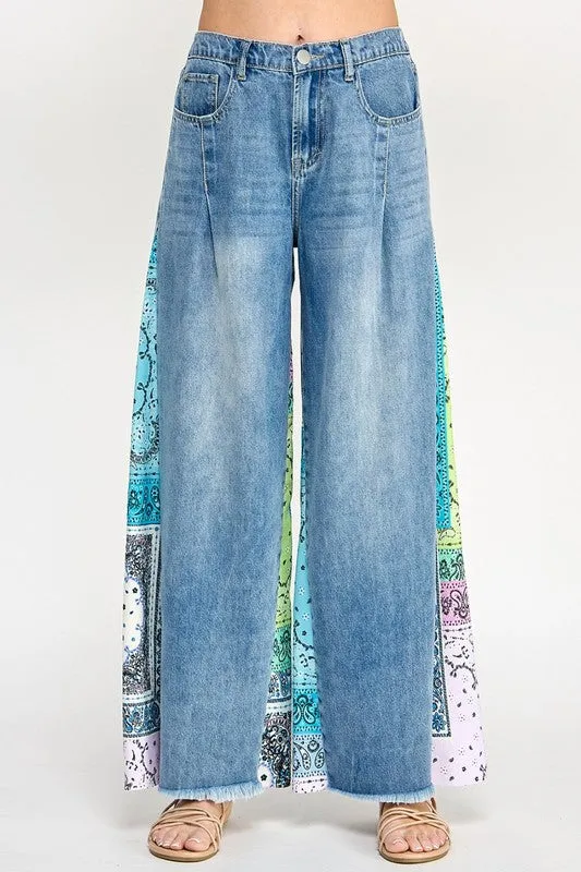 SAGE   FIG Raw Hem Paisley Print Side Wide Leg Jeans