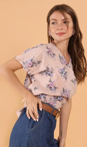 SARA Floral Flutter-Sleeve Top (Nude)