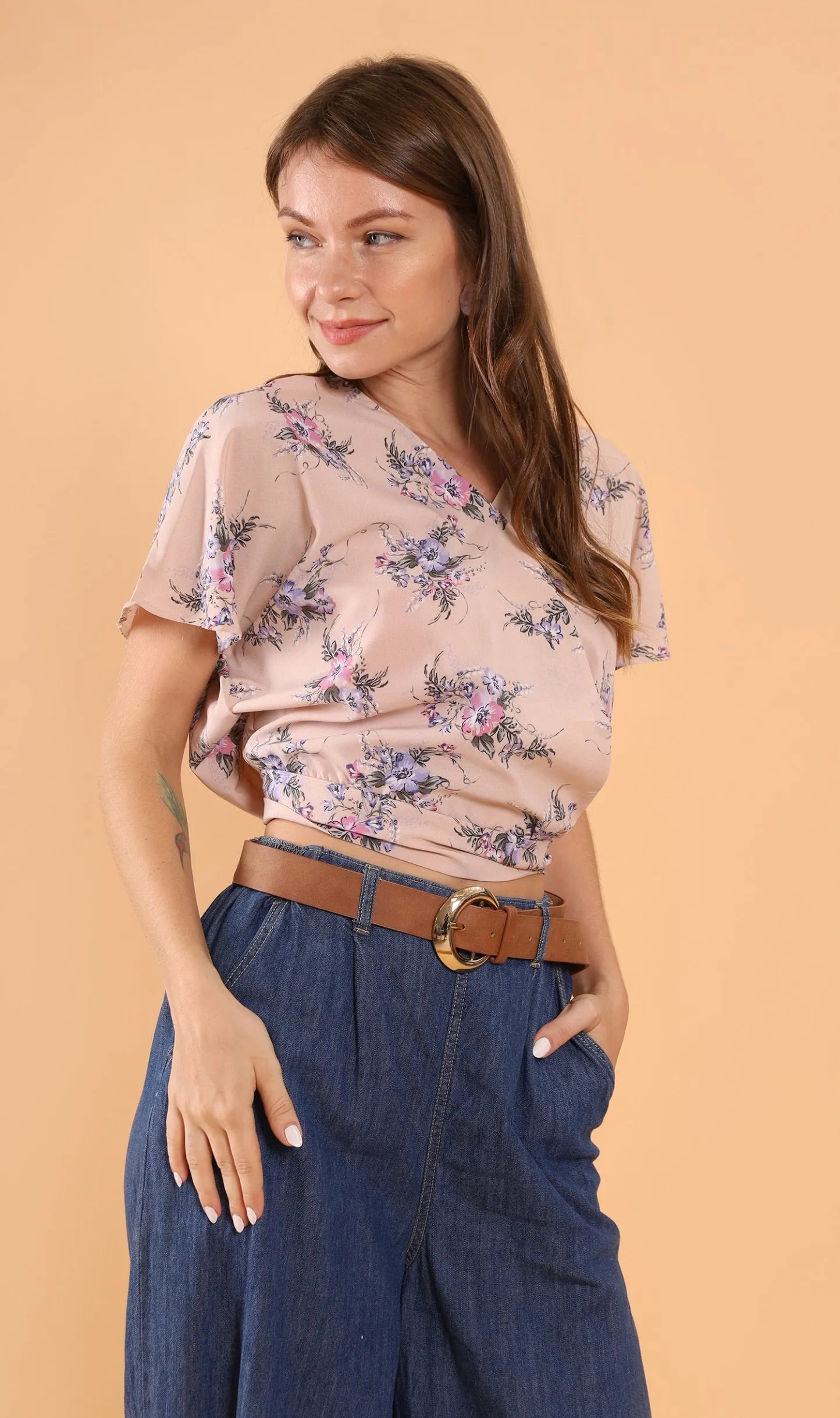 SARA Floral Flutter-Sleeve Top (Nude)