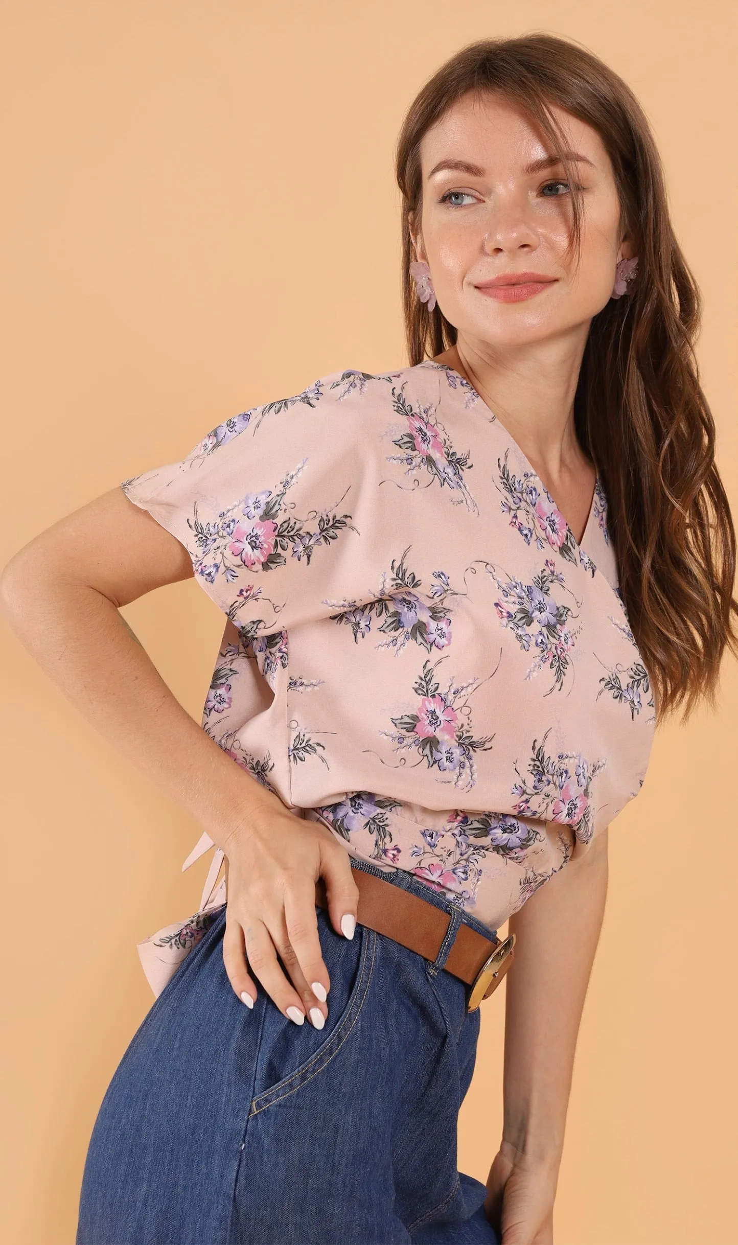 SARA Floral Flutter-Sleeve Top (Nude)