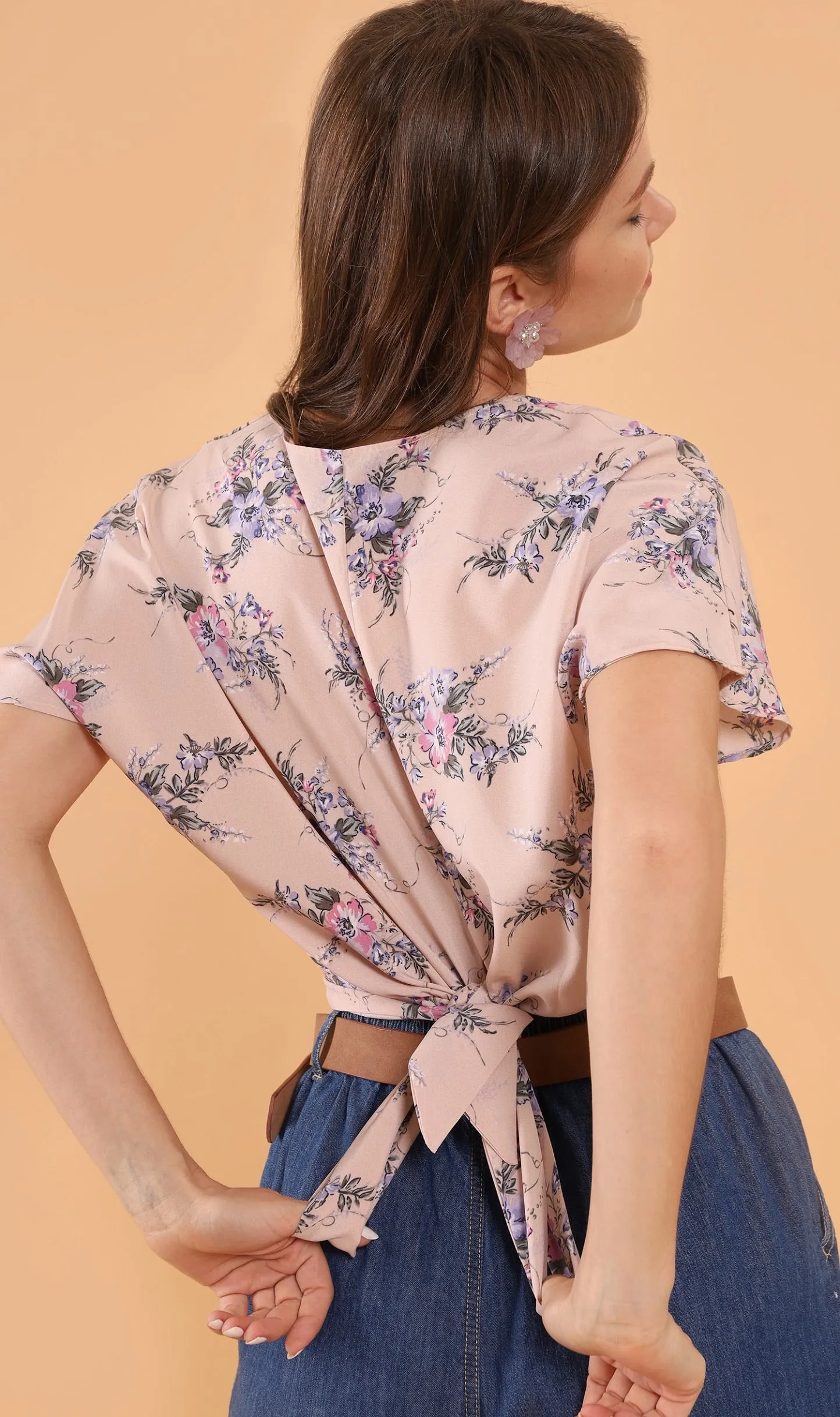 SARA Floral Flutter-Sleeve Top (Nude)