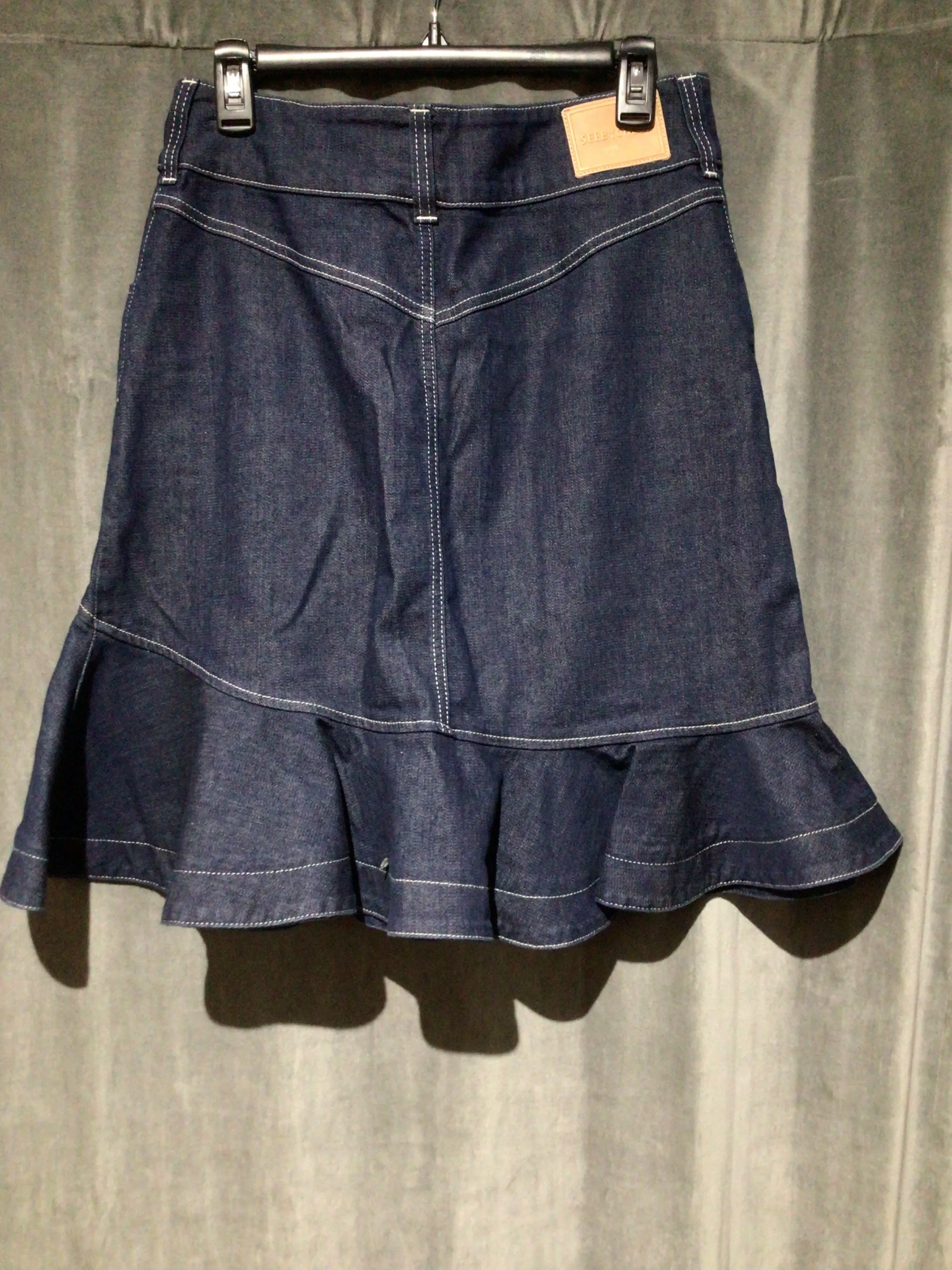 See By Chloe Dark Denim Skirt with Ruffle. Bottom and White Stitching