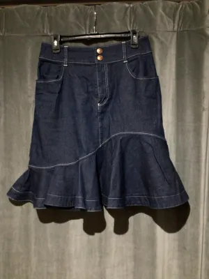 See By Chloe Dark Denim Skirt with Ruffle. Bottom and White Stitching