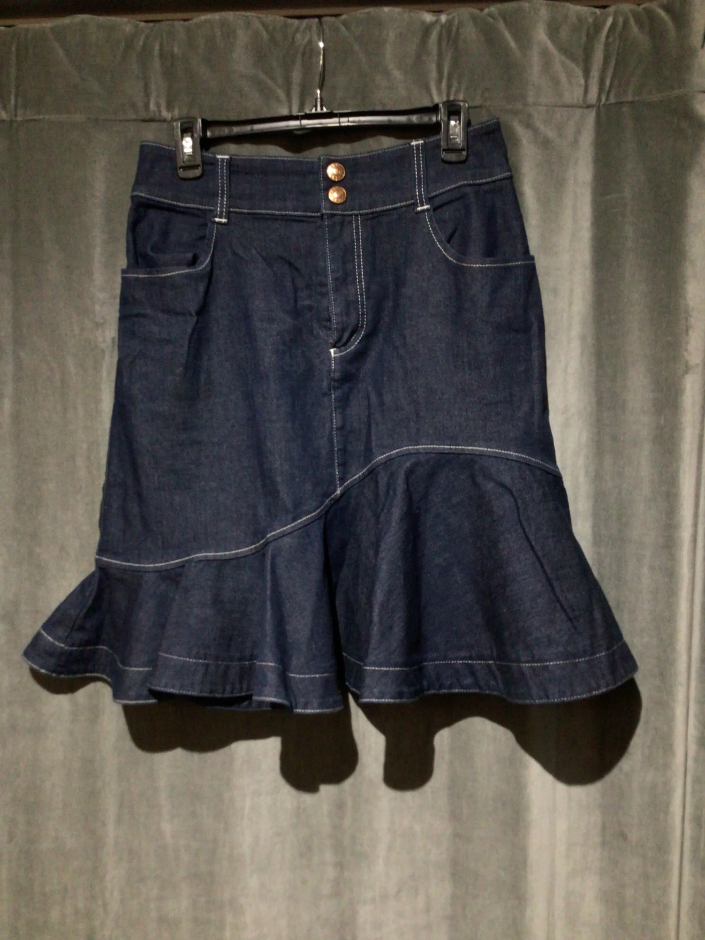 See By Chloe Dark Denim Skirt with Ruffle. Bottom and White Stitching