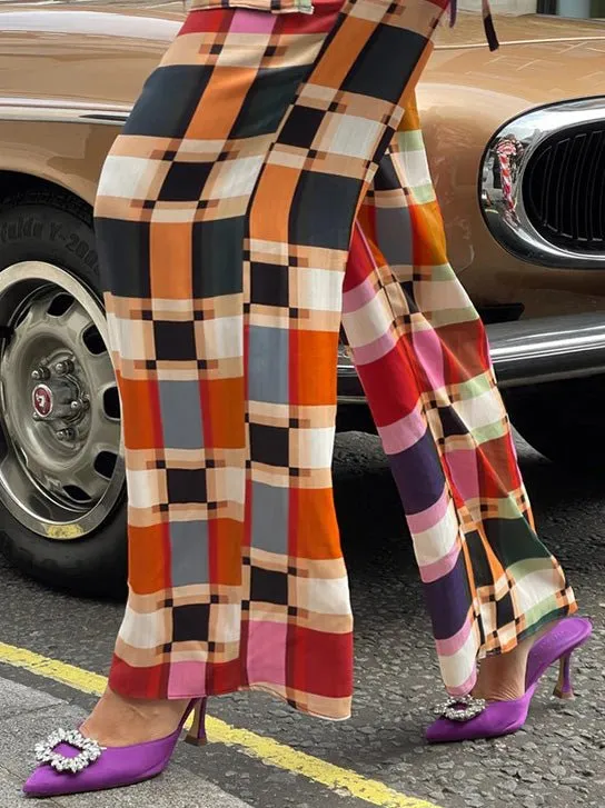 Sets Plaid Printed Lace Up Blouses & Wide Leg Pants Two-Piece Set for Women