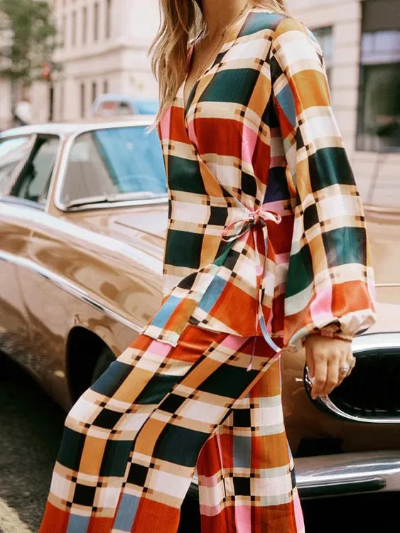Sets Plaid Printed Lace Up Blouses & Wide Leg Pants Two-Piece Set for Women