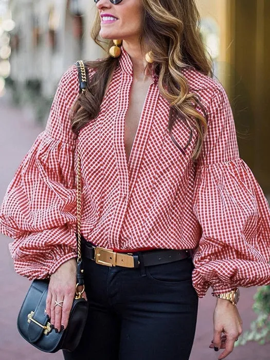 Sexy Deep V Plaid Lantern Sleeves Long Sleeve Shirt