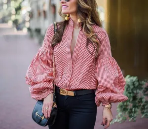 Sexy Deep V Plaid Lantern Sleeves Long Sleeve Shirt